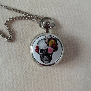 Pendant Watch Silvertone - Flower Skull